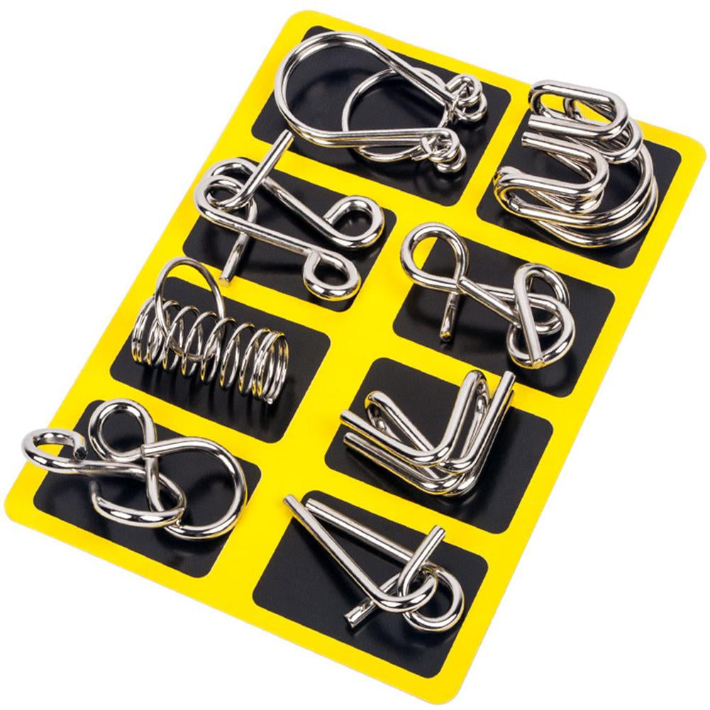 Metallpuzzle-Set auf gelber Karte, Gehirntraining, Logikspiel, Geduldspiel, Geschenkidee.