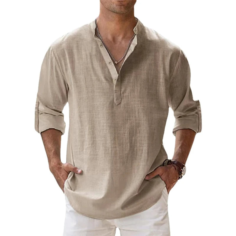 Men's Linen Henley Shirt, Relaxed Fit Button Neck Summer Top 1