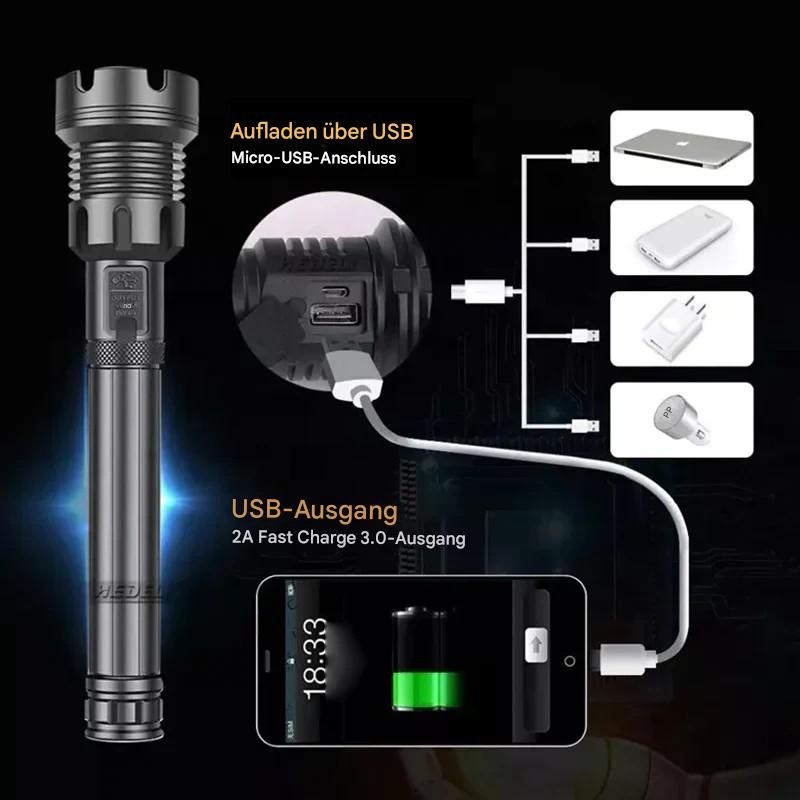 Schwarze LED-Taschenlampe mit USB-Ladefunktion, Micro-USB-Anschluss, 2A Fast Charge.