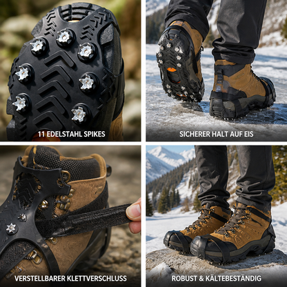 Vierfach-Collage: Spikes in Nahaufnahme, Gehen auf Eis, Klettverschluss-Detail und Stiefel mit Eisgriffen im Schnee 2