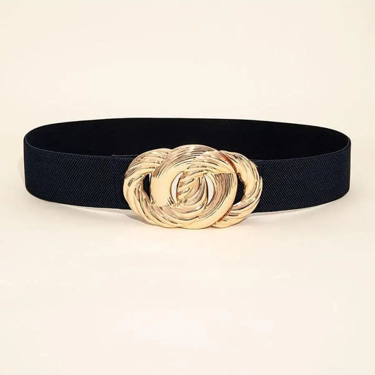 Schwarzer Gürtel mit goldener Schnalle, Damenmode-Accessoire, elegant und stilvoll.