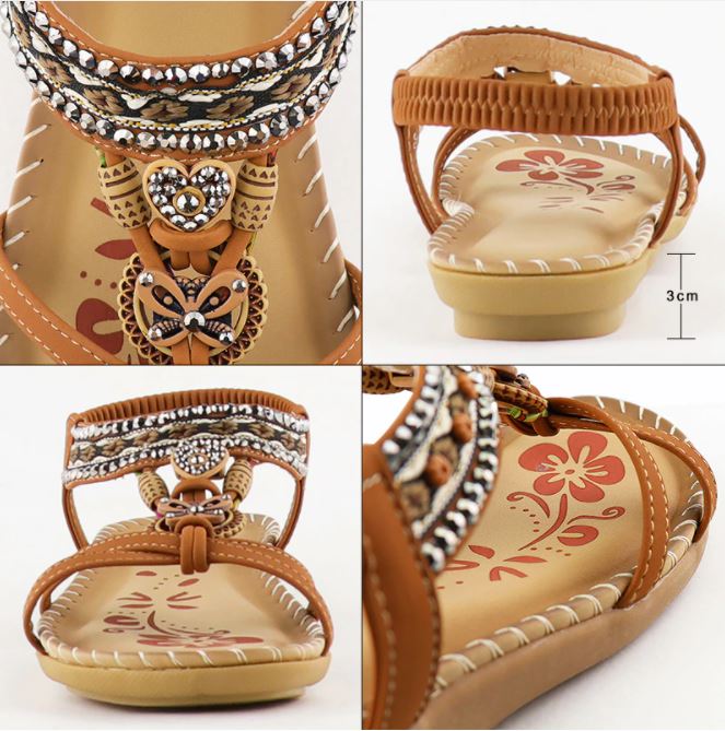 Braune Damen-Sandalen mit Perlen, 3 cm Absatz, Blumenmuster, Sommermode, bequem.