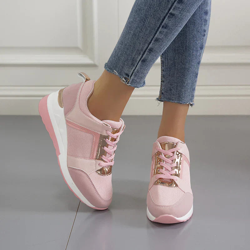 Damen-Sneaker rosa, sportlich, bequem, modisch, Freizeitschuh, Jeans, Innenraum.