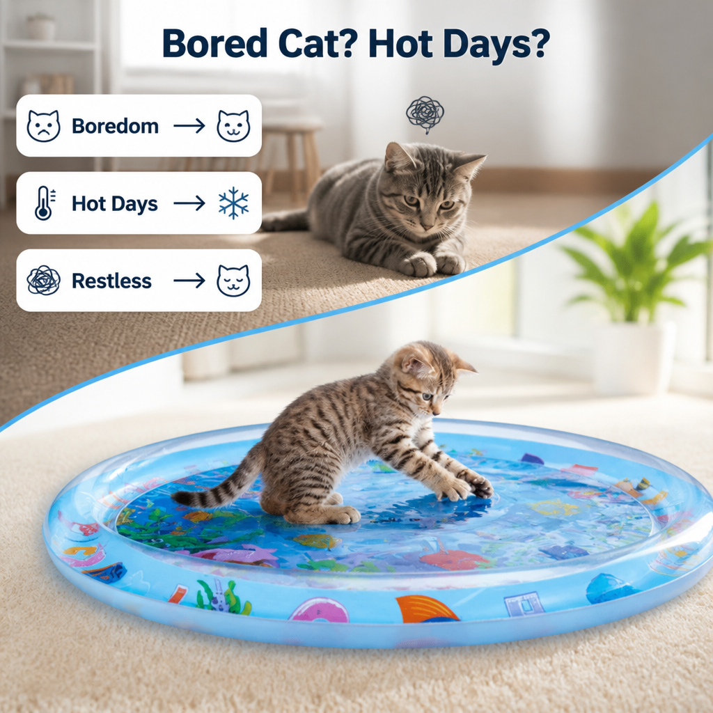 Zweigeteiltes Bild: oben eine gelangweilte Katze auf dem Teppich, unten ein Kätzchen, das auf der Wassermatte spielt, dazu Symbole. 2