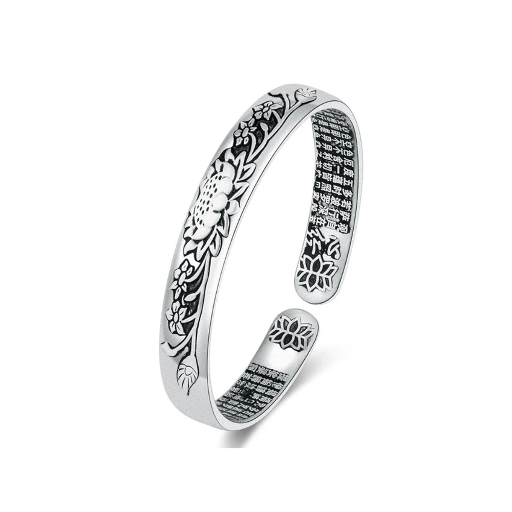 Silberarmreif mit Blumenmuster, graviert, verstellbar, Schmuck für Damen, elegantes Design.