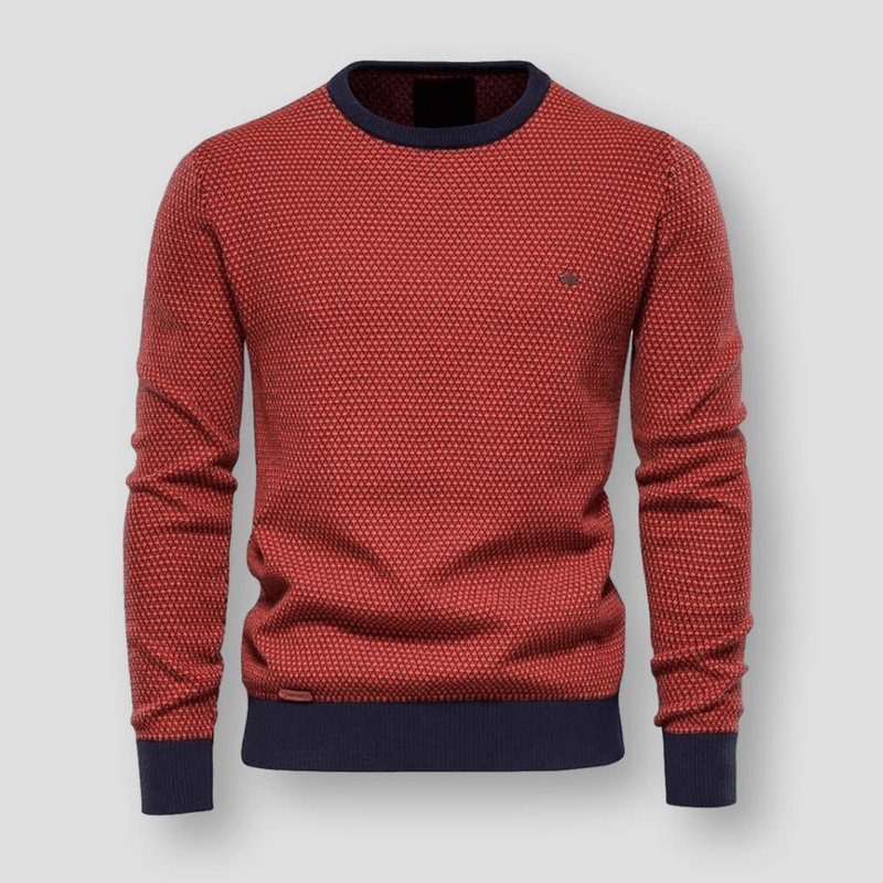 Roter Strickpullover Herren, Rundhalsausschnitt, Baumwolle, modisch, bequem, Herbstmode.