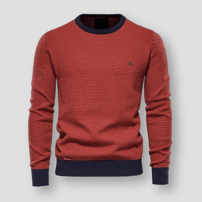 Roter Strickpullover Herren, Rundhalsausschnitt, Baumwolle, modisch, bequem, Herbstmode.