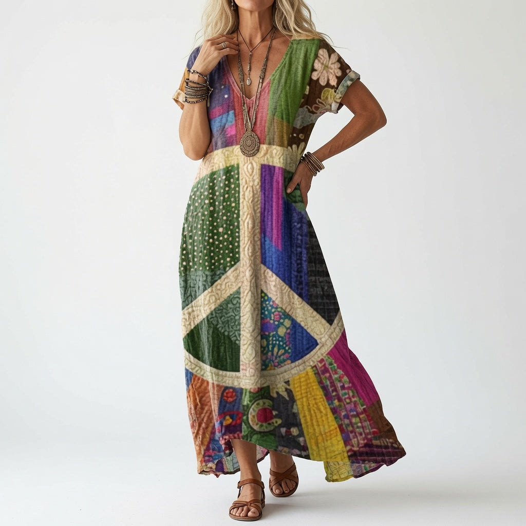 Frau im Kleid mit buntem Patchwork-Look und großem Friedenszeichen auf dem Rock, dazu Armreifen und Sandalen. 2