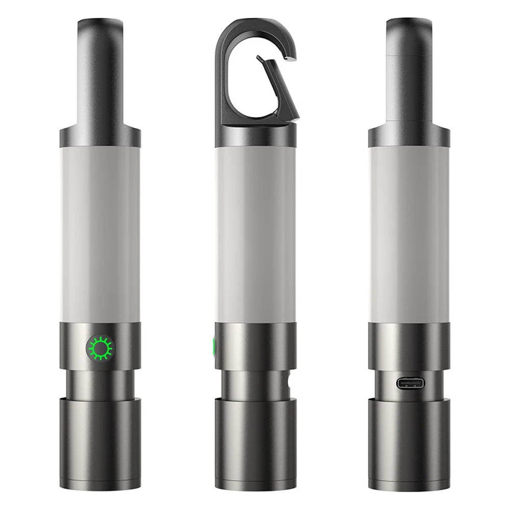 Tragbare LED-Campinglampe, wiederaufladbar, USB-Anschluss, Haken, grau, kompakt, outdoor.