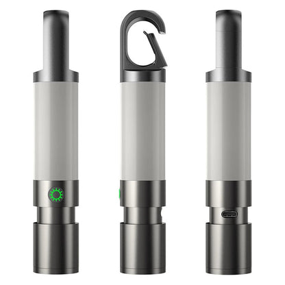 Tragbare LED-Campinglampe, wiederaufladbar, USB-Anschluss, Haken, grau, kompakt, outdoor.