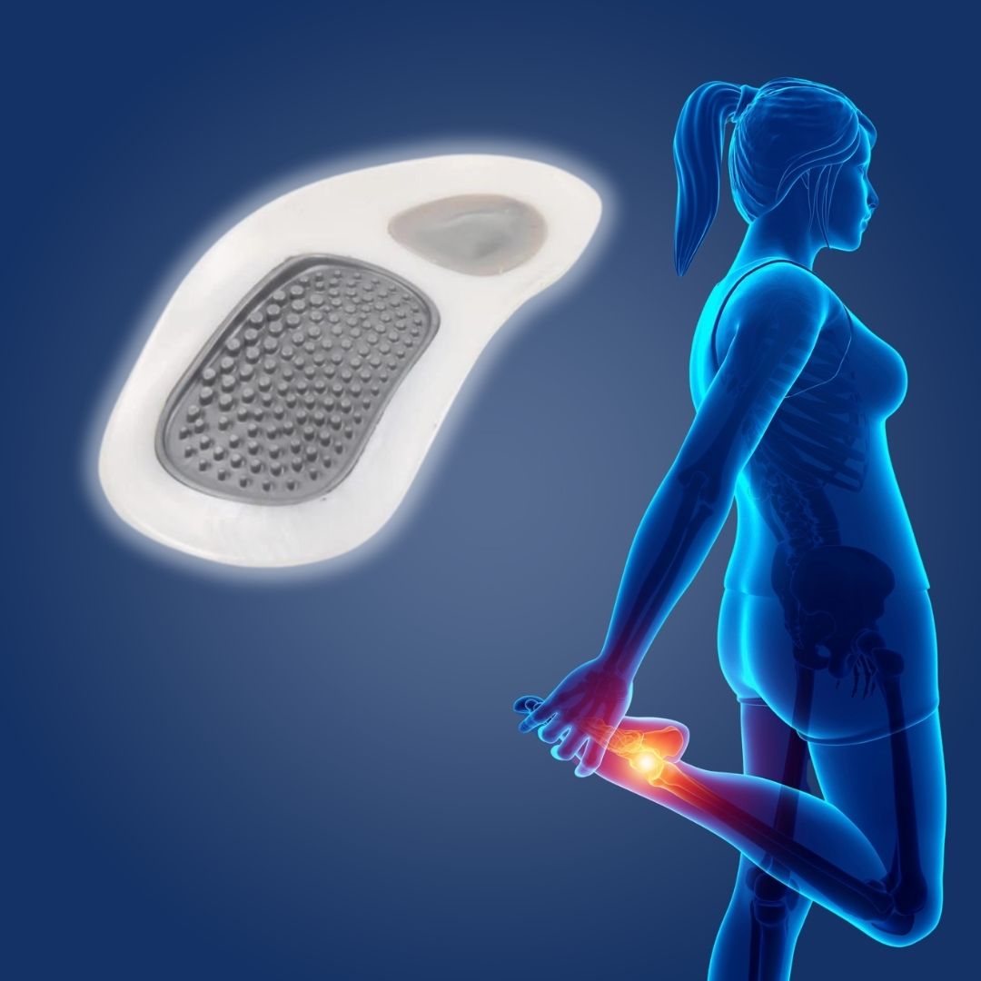 Orthopädische Einlegesohle, weiß, mit Gelpolster, für Fußunterstützung und Schmerzlinderung.