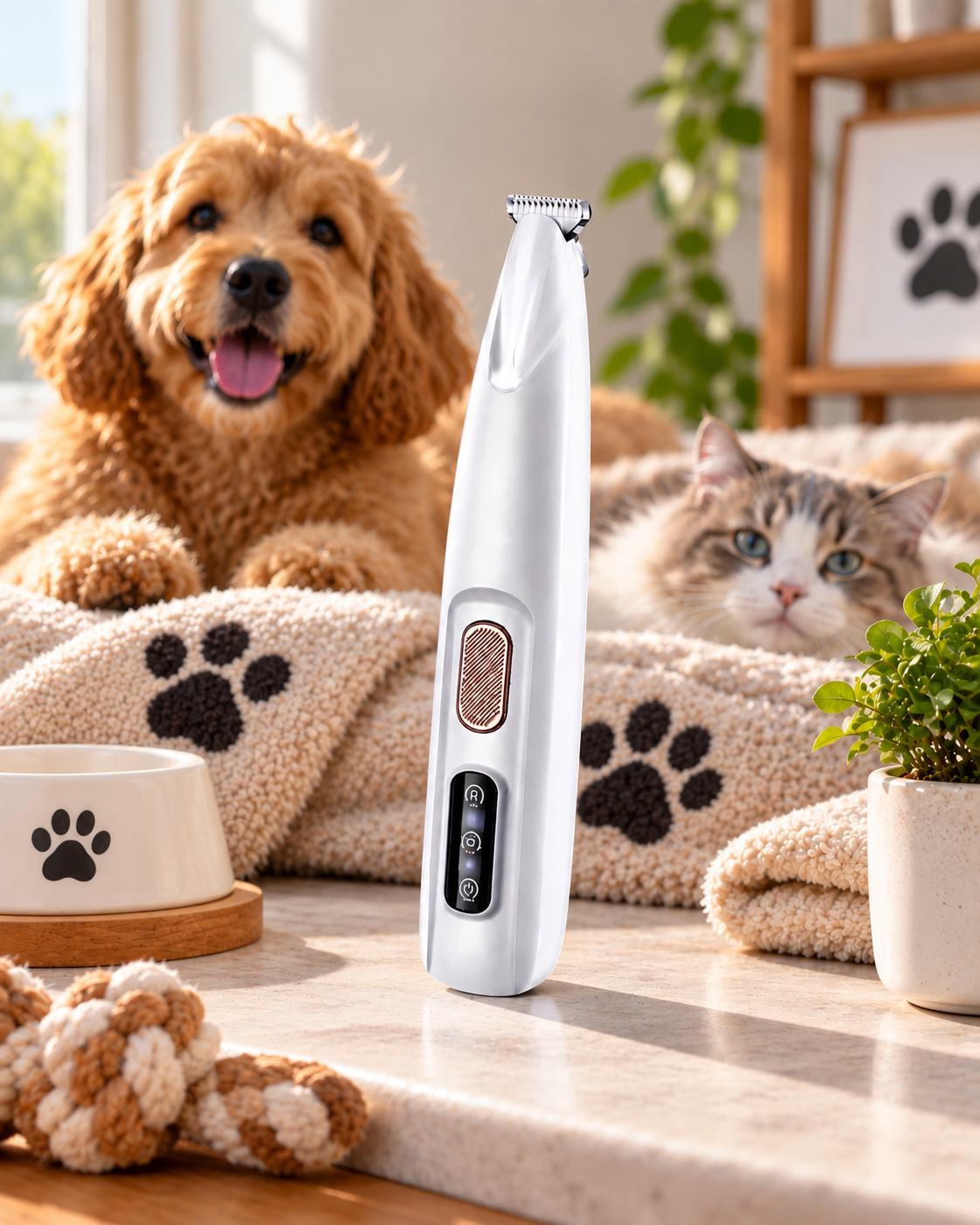 Weißer Trimmer steht aufrecht auf einer Arbeitsfläche, dahinter ein Hund und eine Katze auf einer Pfotendecke 1