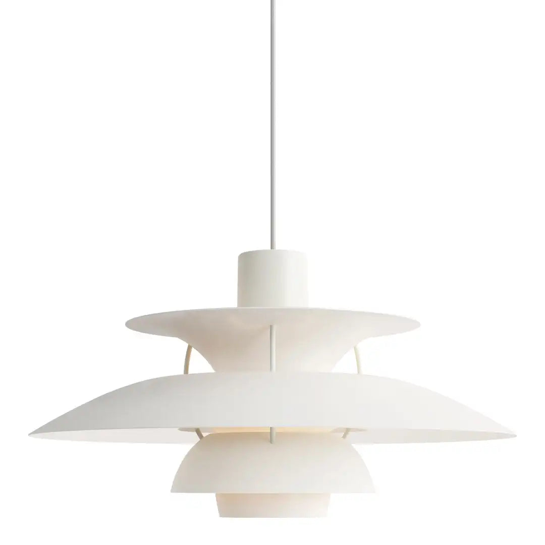 Weiße Pendelleuchte, modernes Design, skandinavischer Stil, Wohnzimmerbeleuchtung, minimalistisch.