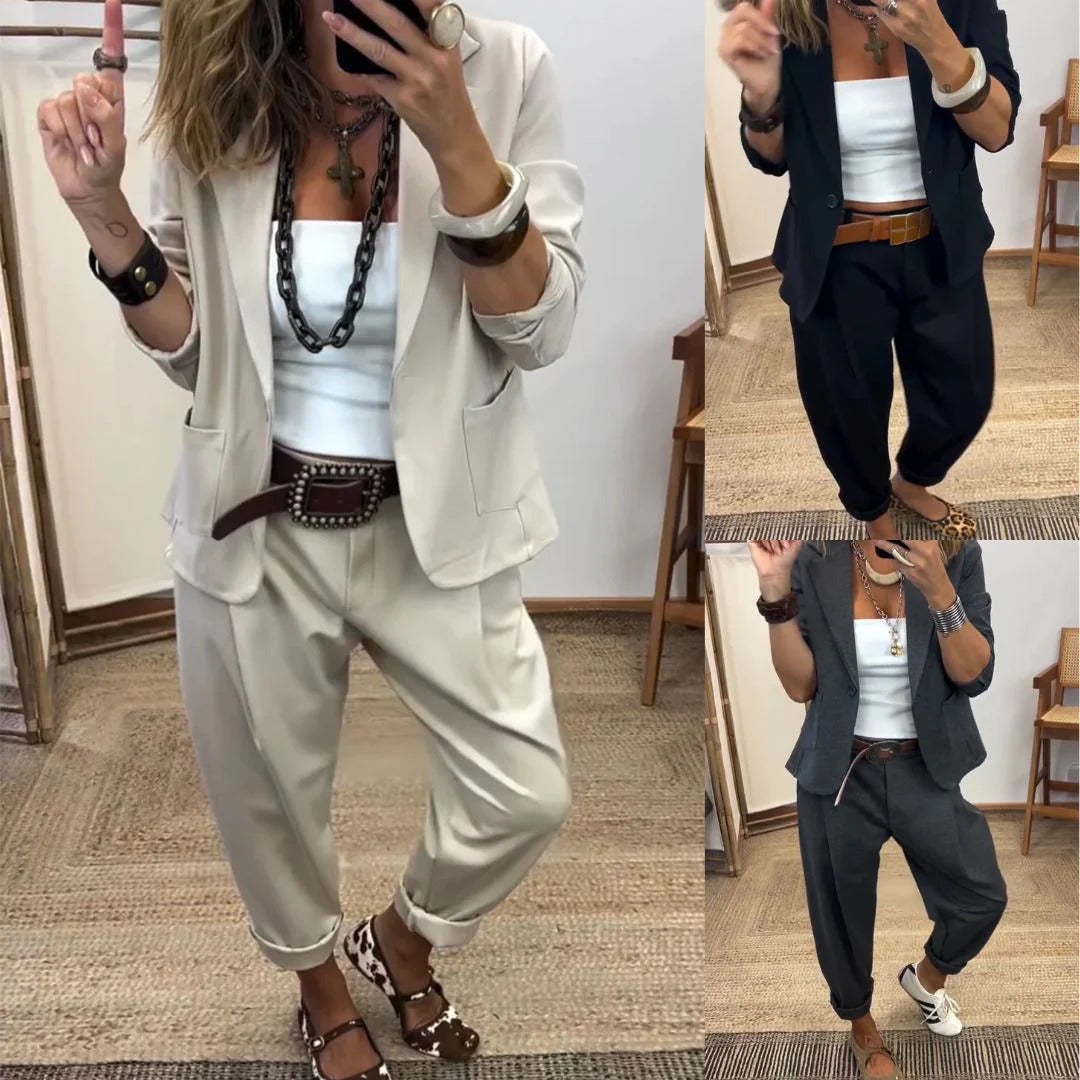 Farbübersicht des Sets in Beige, Schwarz und Dunkelgrau, aufgeteilt in drei Bilder mit Model im Spiegelselfie. 5