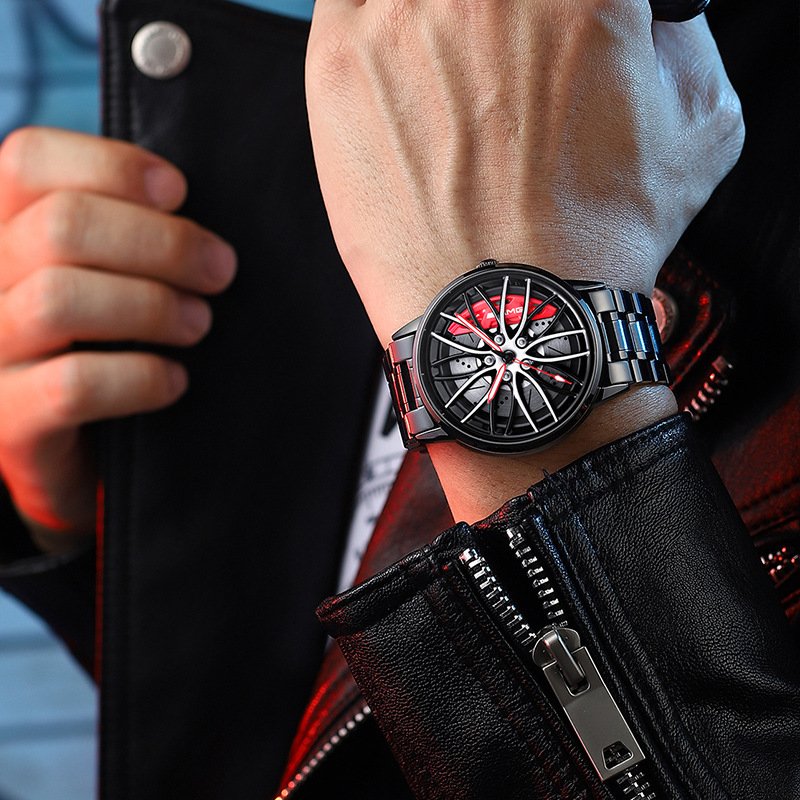 Schwarze Herrenarmbanduhr mit Autodesign, Edelstahlarmband, sportlich-elegant, modisch.