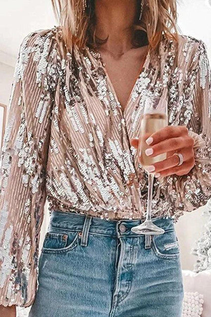 Funkelndes & Stilvolles Damen Glitzer V-Ausschnitt Langarm-Top – Naya