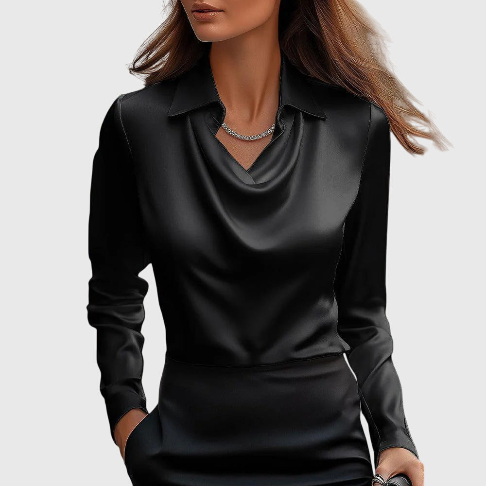 Women's Satin Cowl-Neck Blouse - Long-Sleeve Collared Top for Work and Evening 3