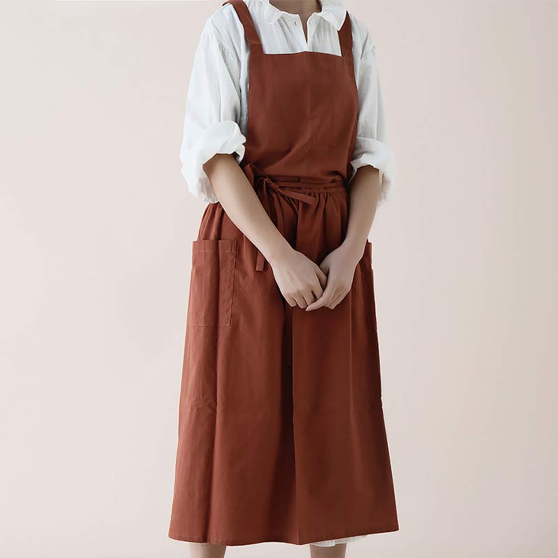 Damen Schürze braun, Baumwolle, verstellbar, mit Taschen, Küchenschürze, Kochbekleidung