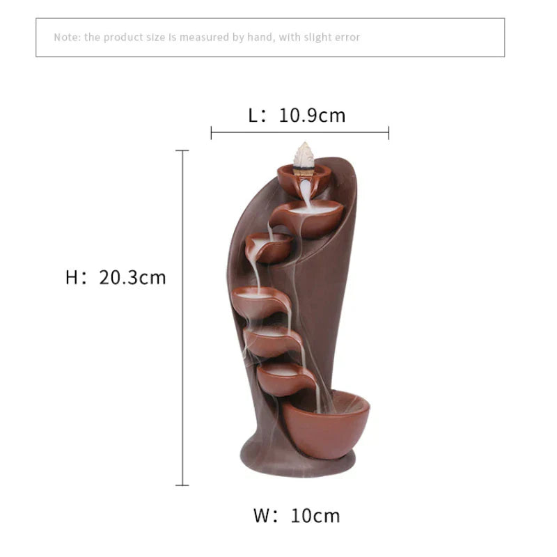 Handgefertigter Keramik-Räucherstäbchenhalter, Wasserfall-Design, braun, 20,3 cm hoch.