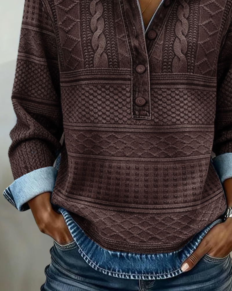 Women's Patterned Sweatshirt with Shirt Collar and Button Front 5