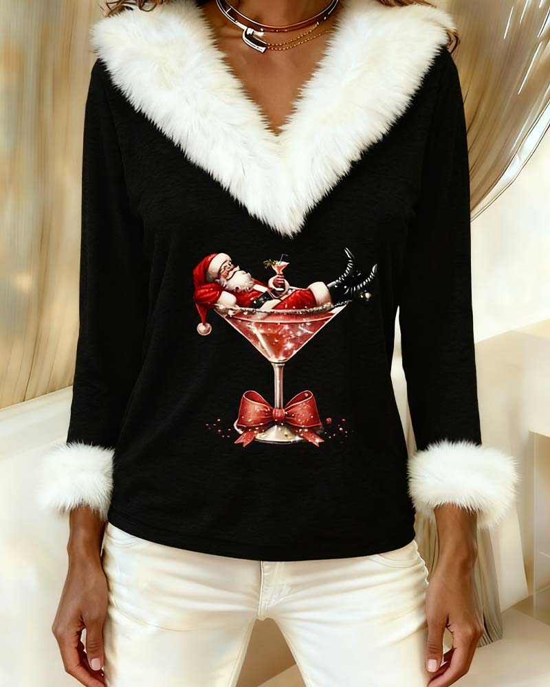 Schwarze Version als Nahaufnahme von Kragen und Druck, Weihnachtsmann im Cocktailglas mit roter Glitzerschleife 9