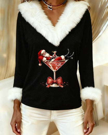 Schwarze Version als Nahaufnahme von Kragen und Druck, Weihnachtsmann im Cocktailglas mit roter Glitzerschleife 9