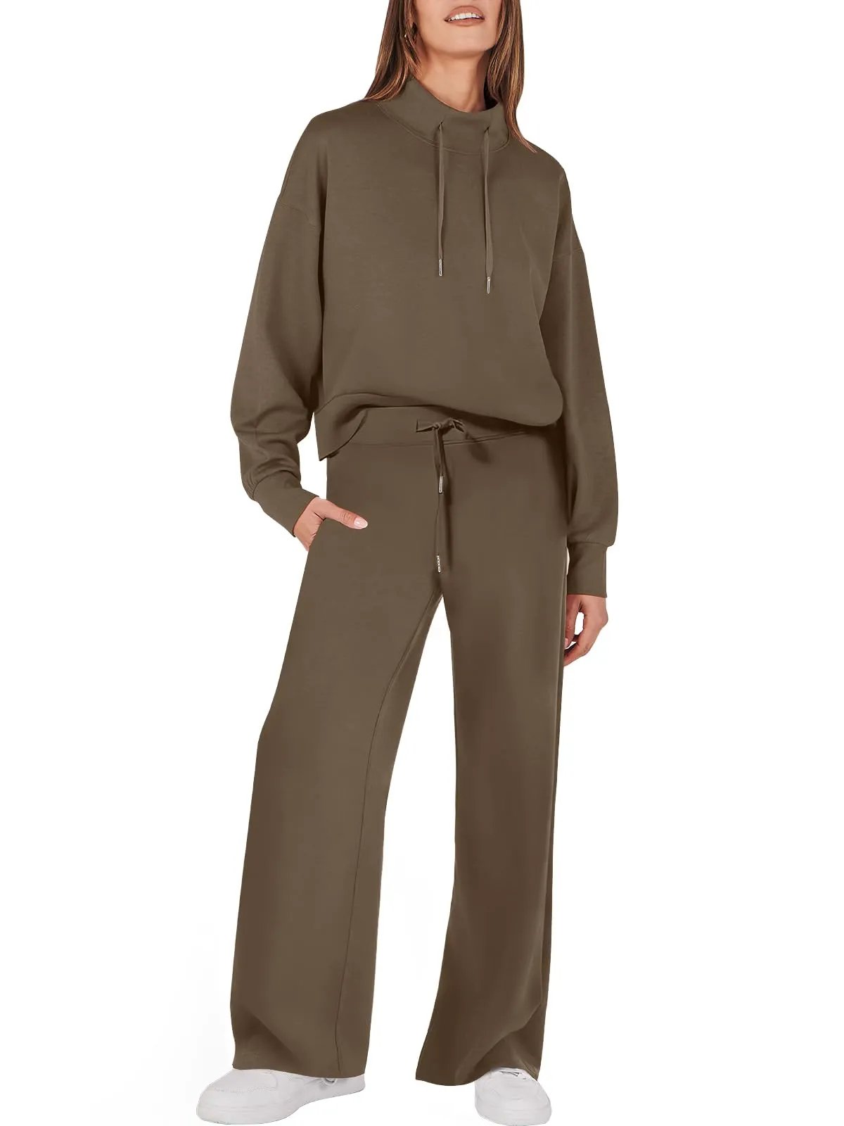 Damen Zweiteiler Set, olivgrün, Kapuzenpullover und Hose, Freizeitmode, bequem, modern.