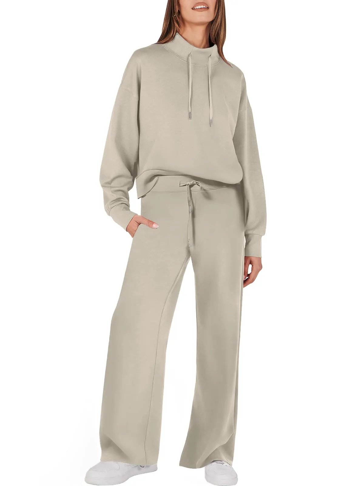 Damen Zweiteiler Set, beige, Kapuzenpullover und Hose, Freizeitmode, bequem, lässig.