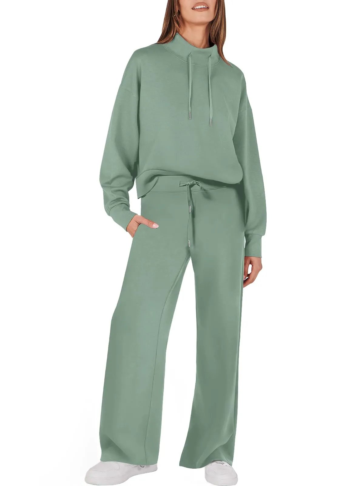 Damen Zweiteiler Set, grün, Kapuzenpullover und Hose, Freizeitmode, bequem, modern.