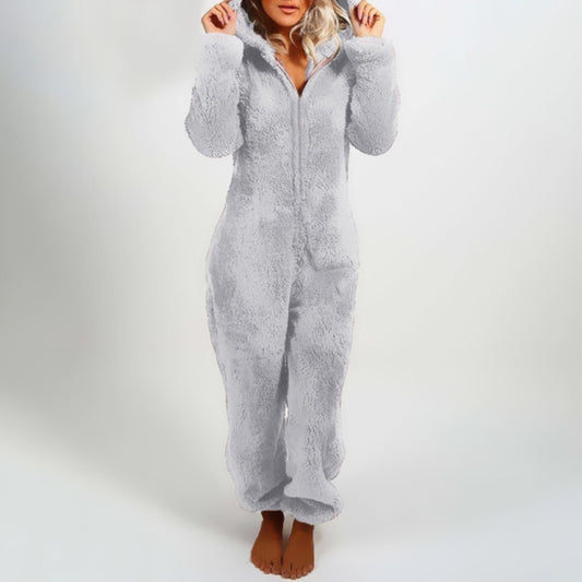 Graue Damen Plüsch-Winter-Pyjama, langärmelig, Kapuze, Reißverschluss, Plus-Size, warm.