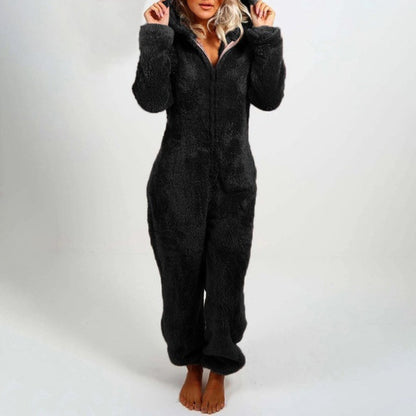 Damen Plüsch Winter Overall, schwarz, langärmelig, Kapuze, Reißverschluss, warme Pyjama.