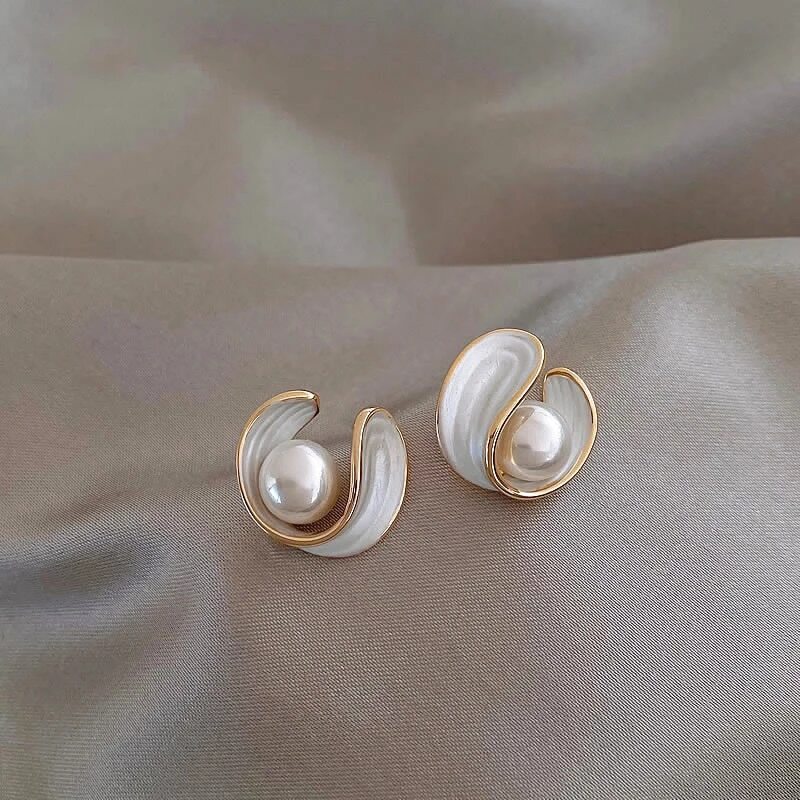 Perlenohrringe Damen, goldfarben, koreanisches Design, Emaille, elegant, Schmuckaccessoires.