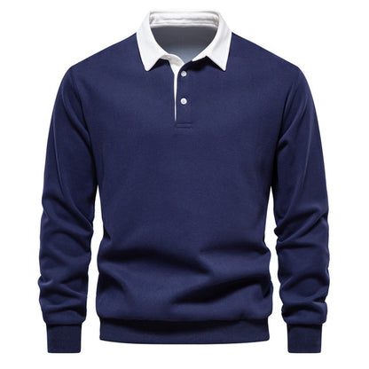 Blauer Herren-Pullover mit Polo-Kragen, Langarm, Baumwolle, Herbstmode, Freizeitkleidung.