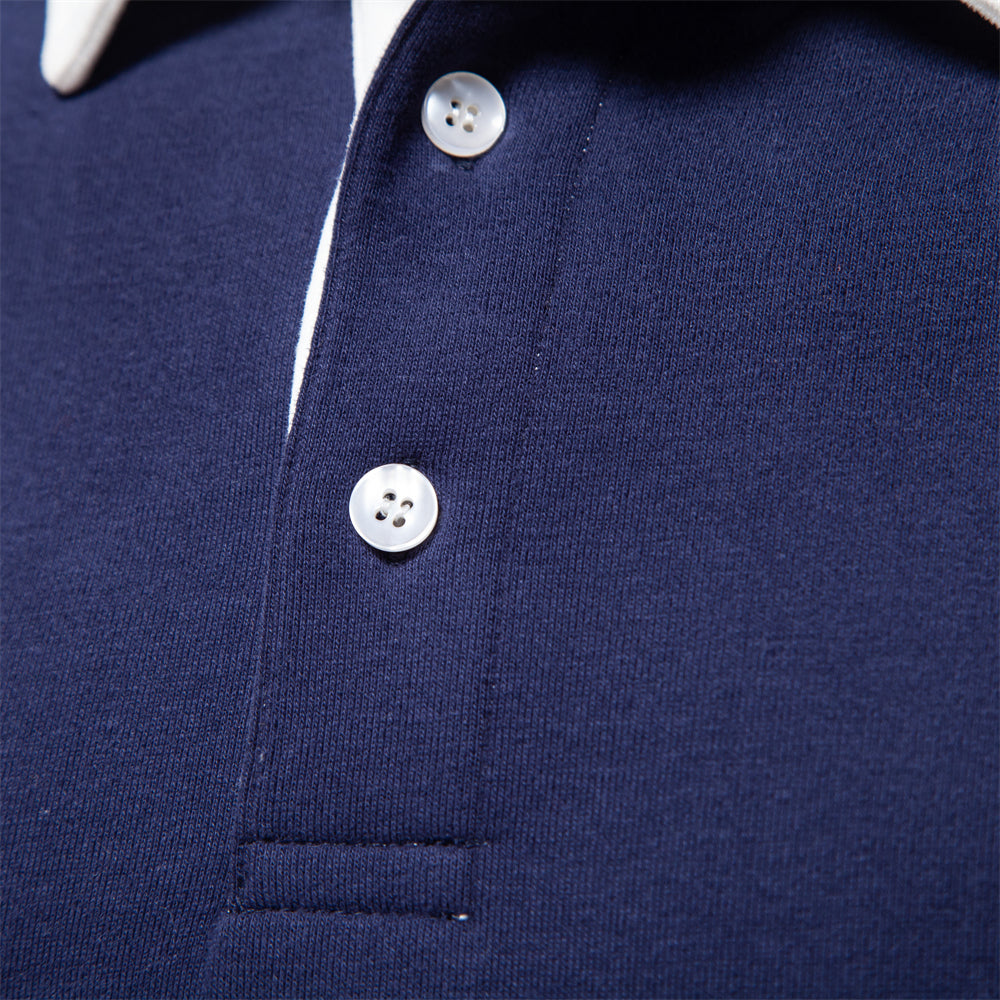 Dunkelblaues Polo-Sweatshirt für Herren, Baumwolle, Herbstmode, weiße Knöpfe.