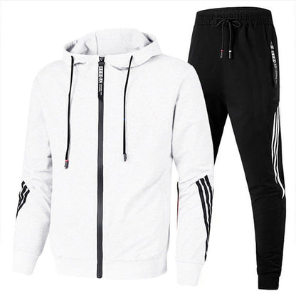 Weißer Hoodie und schwarze Jogginghose mit Streifen, Sportbekleidung Herren, bequemes Set