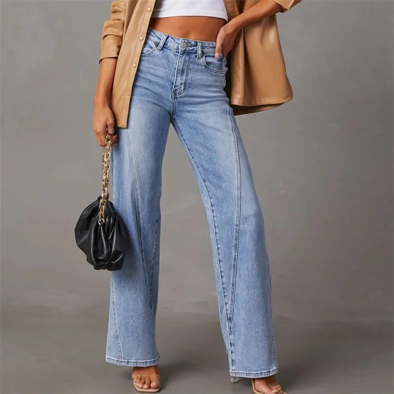 Damen Patchwork-Jeans, hellblau, weites Bein, Mid-Waist, Denim, modisch, lässig.