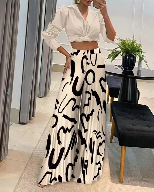 Damenhose mit weitem Bein, schwarz-weißes Muster, Frühling Sommer Mode 2024, lässig elegant