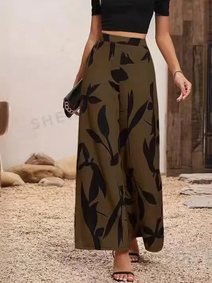 Damenhose mit weitem Bein, olivgrün, florales Muster, Frühling/Sommer, lässige Mode.