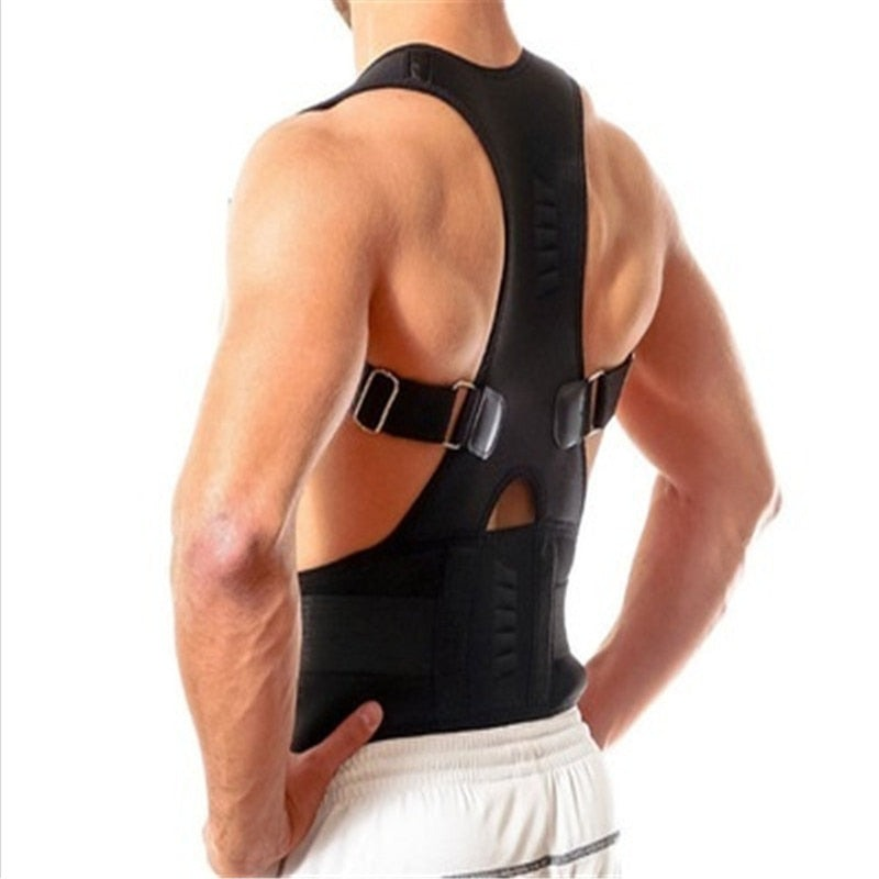 Mann mit schwarzem Rückenstützgürtel, Haltungskorrektur, Fitness, verstellbare Träger.
