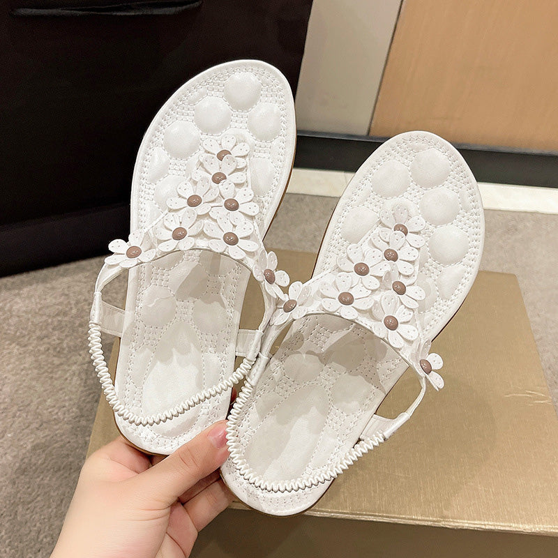 Weiße Damen-Sandalen mit Blumenmuster, rutschfeste Sohle, bequem, modisch, Sommermode.