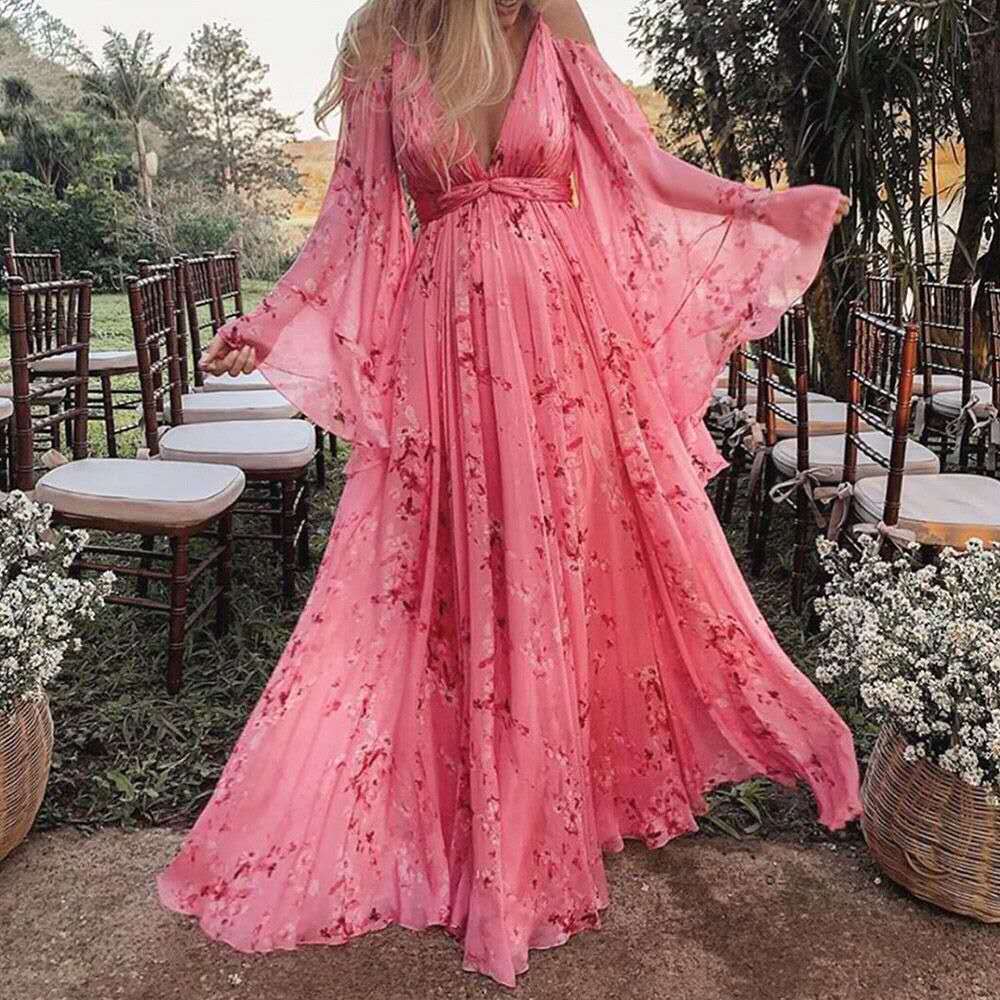 Schicke rosa Chiffonkleid mit auslaufenden Ärmeln - Isabelle