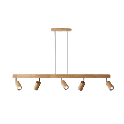 Moderne Holz-Pendelleuchte mit fünf verstellbaren Strahlern, ideal für Esszimmerbeleuchtung.