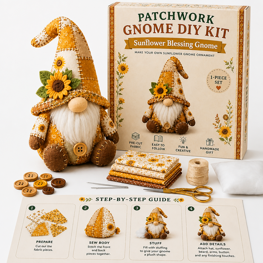 Sonnenblumen-Wichtel in Gelb und Braun neben Verpackung, Stoffen, Garn, Knöpfen, Nadeln, Schere, Füllkissen und Anleitung 9