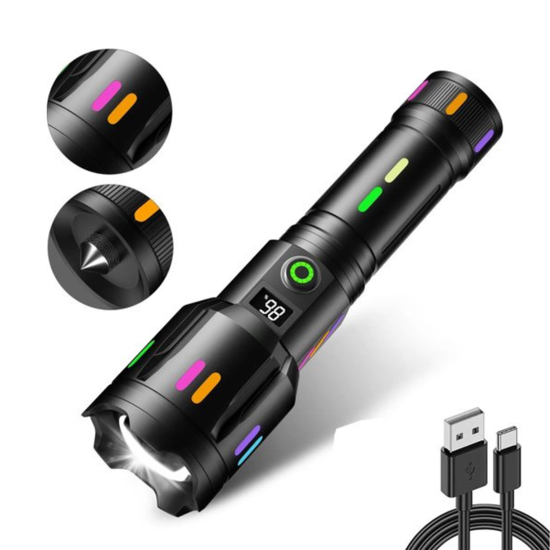 Schwarze LED-Taschenlampe mit USB-Ladekabel, digitalem Display und Notfallhammer.