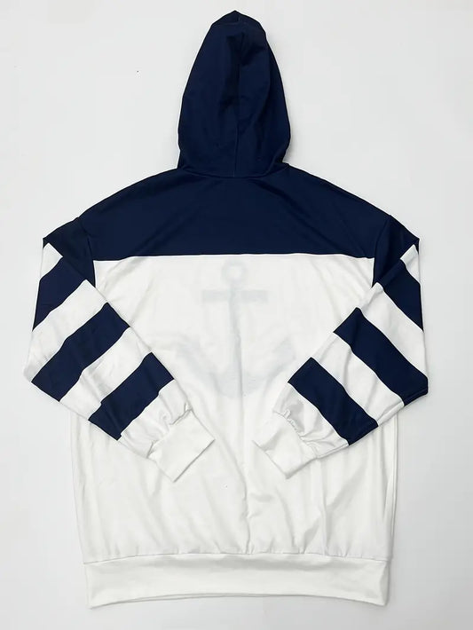 Marineblauer und weißer Hoodie mit Ankerdesign, gestreifte Ärmel, Unisex, Baumwolle.