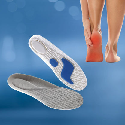 Orthopädische Einlegesohlen, grau und blau, für Fußschmerzen, Komfort, Dämpfung, Fußpflege.