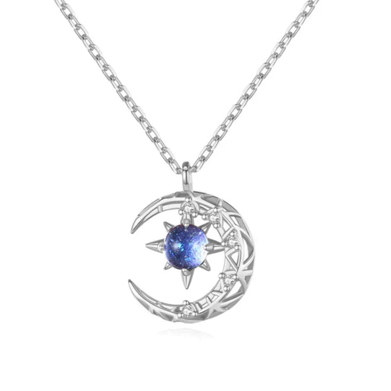 Silberne Halskette mit Mond- und Sternanhänger, blauer Kristall, Damen-Schmuck, elegant.