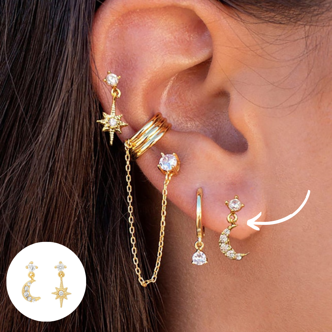 Goldene Ohrringe Set mit Mond- und Sternanhänger, Zirkonia, Damen Schmuck, modisch, elegant.