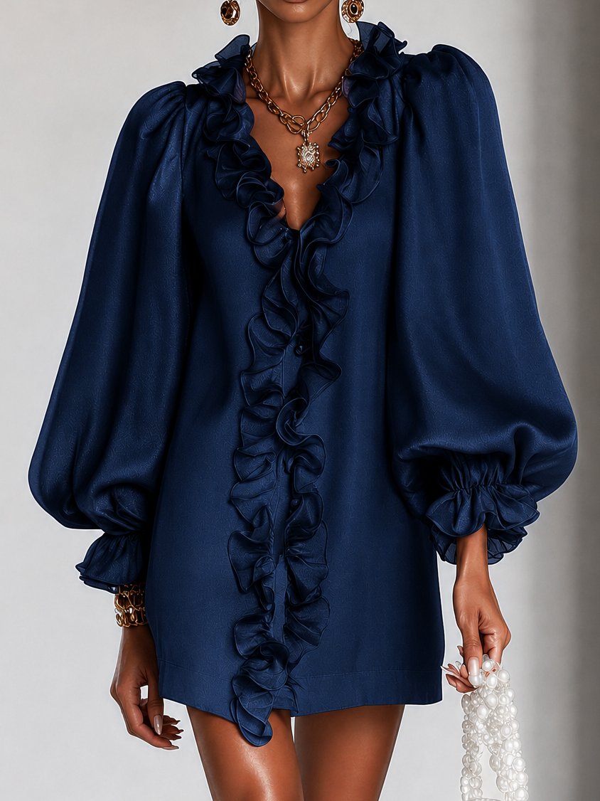 Elegant Ruffled Mini Dress with Puff Sleeves and Subtle Shimmer 6
