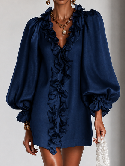 Elegant Ruffled Mini Dress with Puff Sleeves and Subtle Shimmer 6